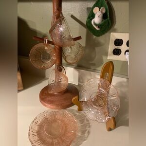 Vintage Pink Depression Glass Cherry Blossom Teacups and Saucers Set of 4